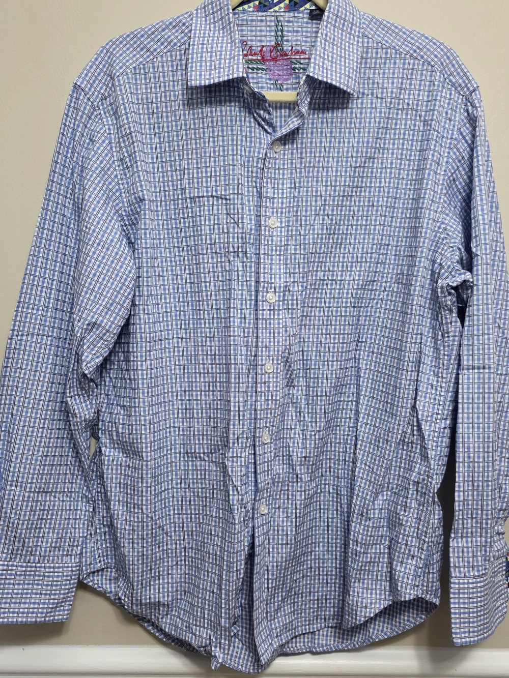 Robert Graham Men's Size Large Blue Check Button-Down Shirt Geometric Cuff